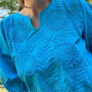 Vintage Mexican Embroidered Blue Long Sleeve Cotton Blouse